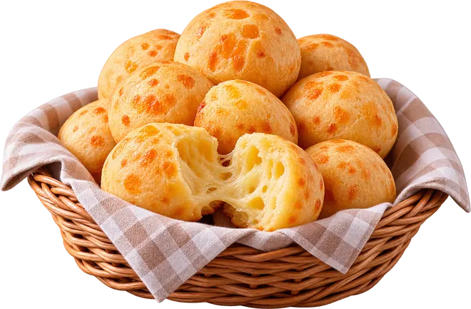 Cesta com pães de queijo quentinhos