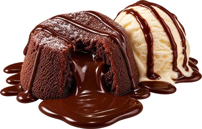 Petit gâteau da Maranata com sorvete de creme e calda de chocolate