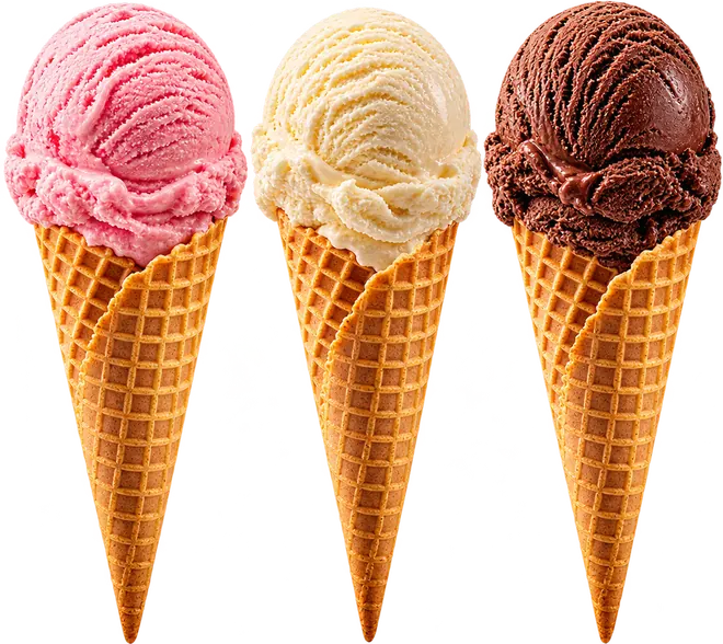 Três casquinhas de sorvete da Maranata: morango, creme e chocolate